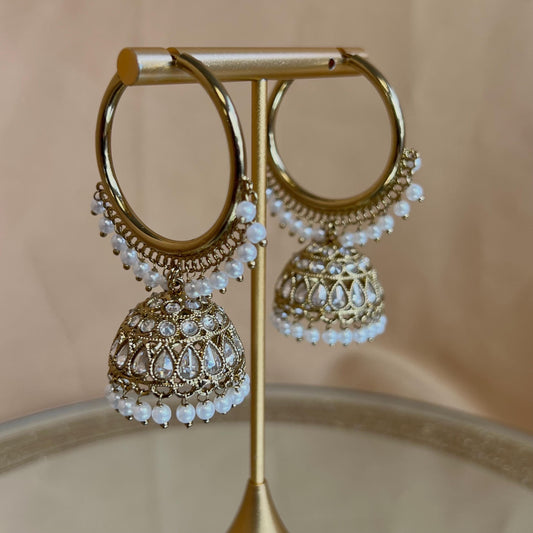 Pierced Antique Gold/Clear Medium Hoop Jhumka Earrings/ Pakistani Fashion/Gift for Women/Eid Gifts/Jhumka Sale/Earring Sale