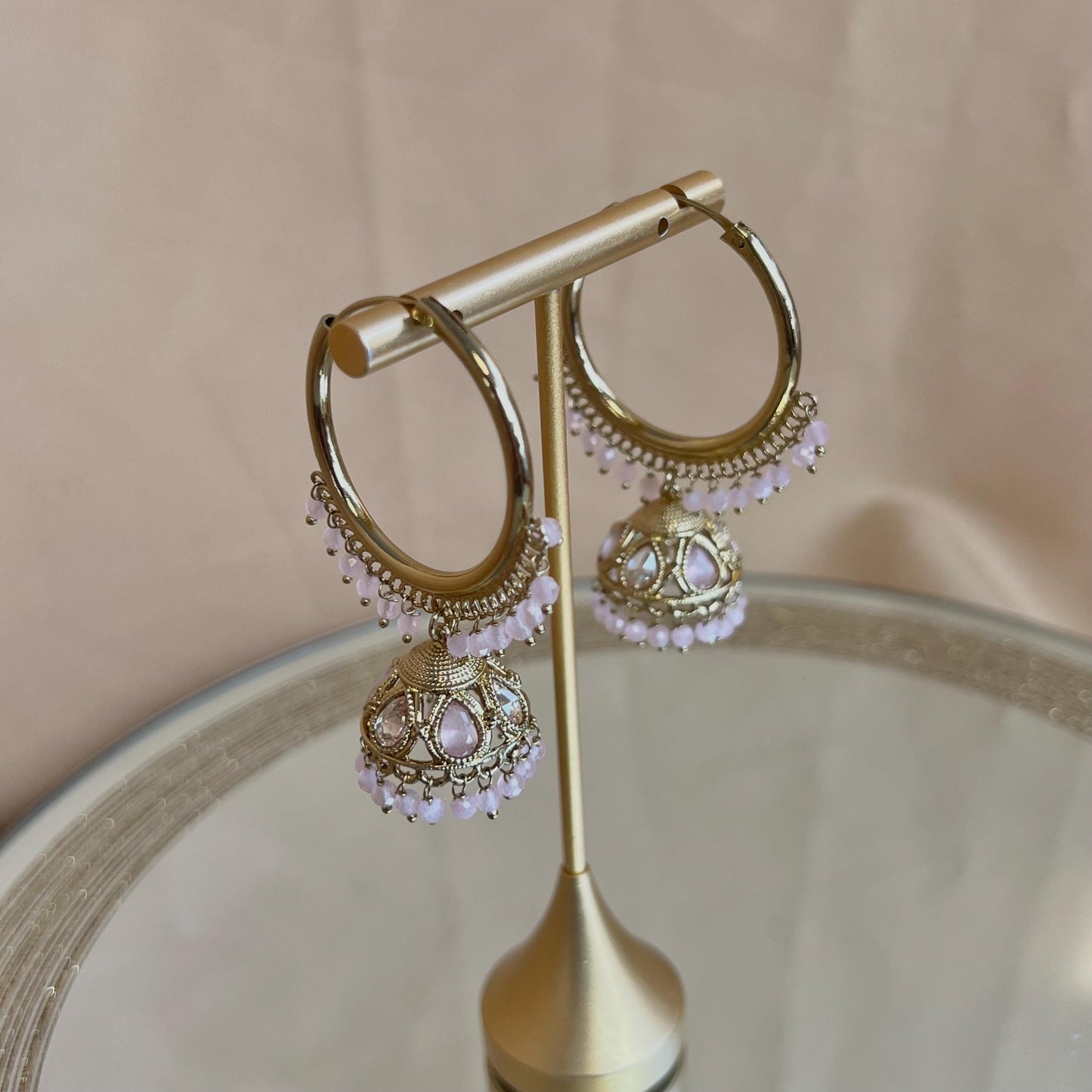 Pierced Antique Gold Light Pink Medium Hoop Jhumka Earrings/Pink Jhumkis/Gift for Women/Eid Gifts/Earrings Sale/Jhumka Sale/Clear Jhumkis