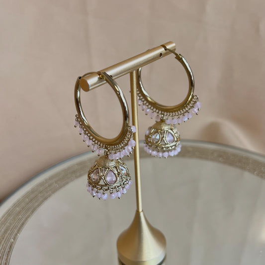 Pierced Antique Gold Light Pink Medium Hoop Jhumka Earrings/Pink Jhumkis/Gift for Women/Eid Gifts/Earrings Sale/Jhumka Sale/Clear Jhumkis