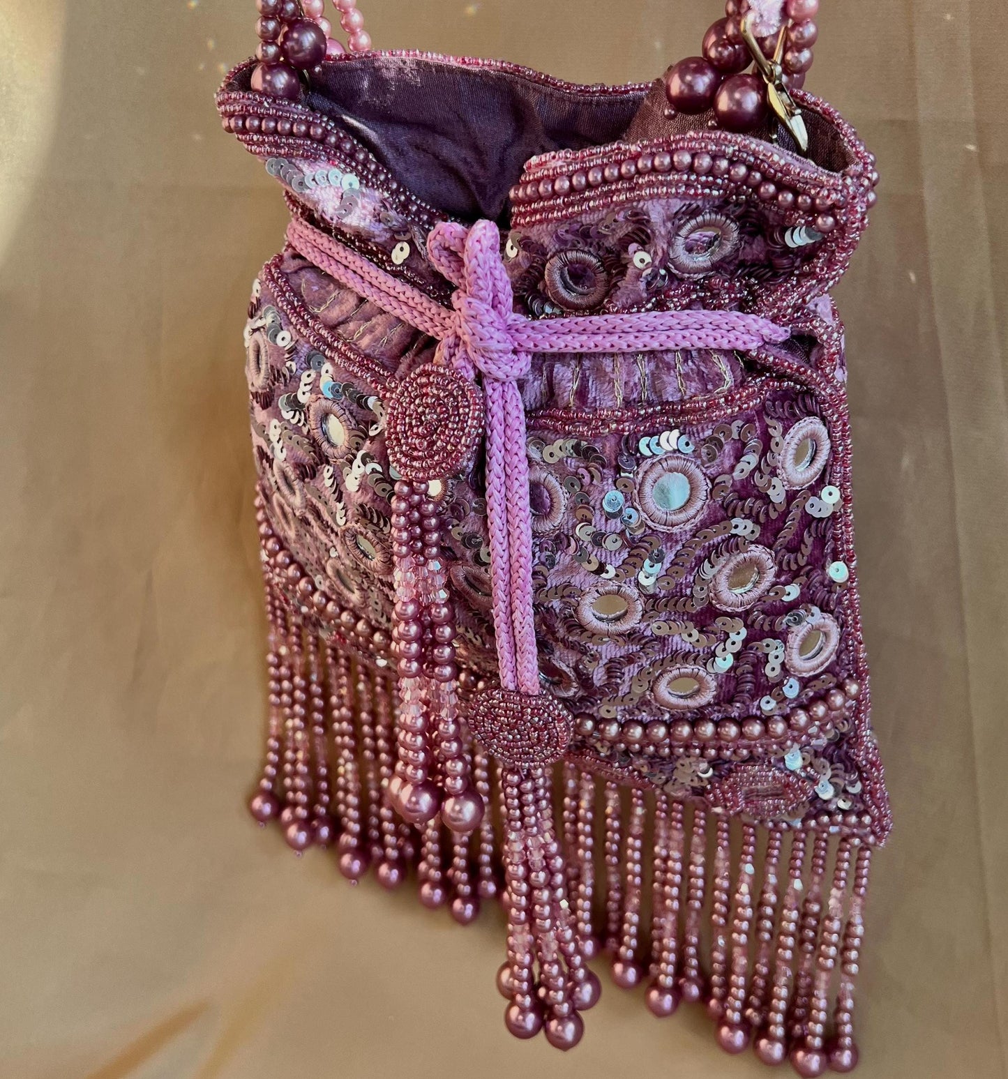 Mauve Mirror Beaded Tasseled Potli Bags/Indian Handmade Traditional Phulkari Potli Bags/Modern Ethnic Mirror Work Potli Bags/White Bags