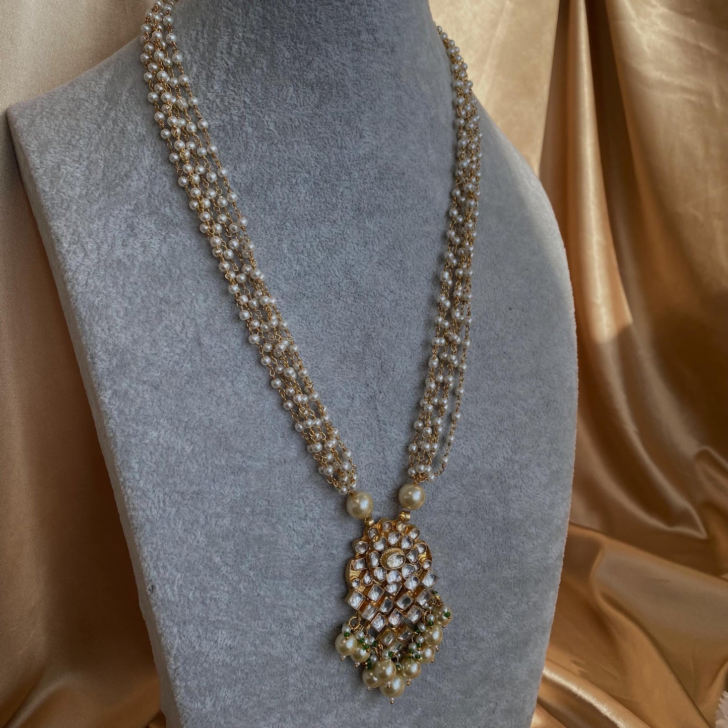 Green Real Kundan Pearl Bright Gold Long Necklace  Mala Haar Unique Style Indian Pakistani Fashion Jewellery Gift for Women