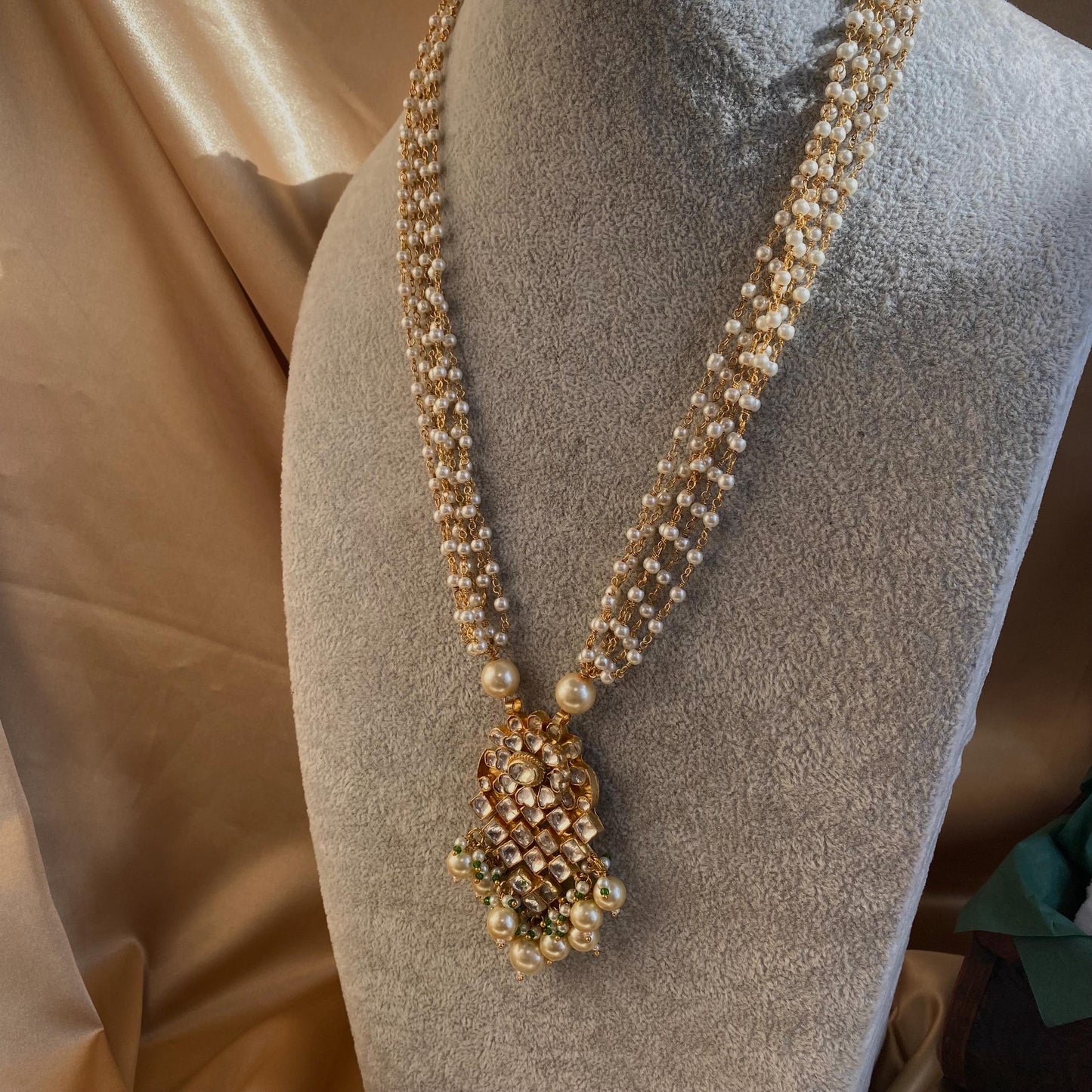 Green Real Kundan Pearl Bright Gold Long Necklace  Mala Haar Unique Style Indian Pakistani Fashion Jewellery Gift for Women