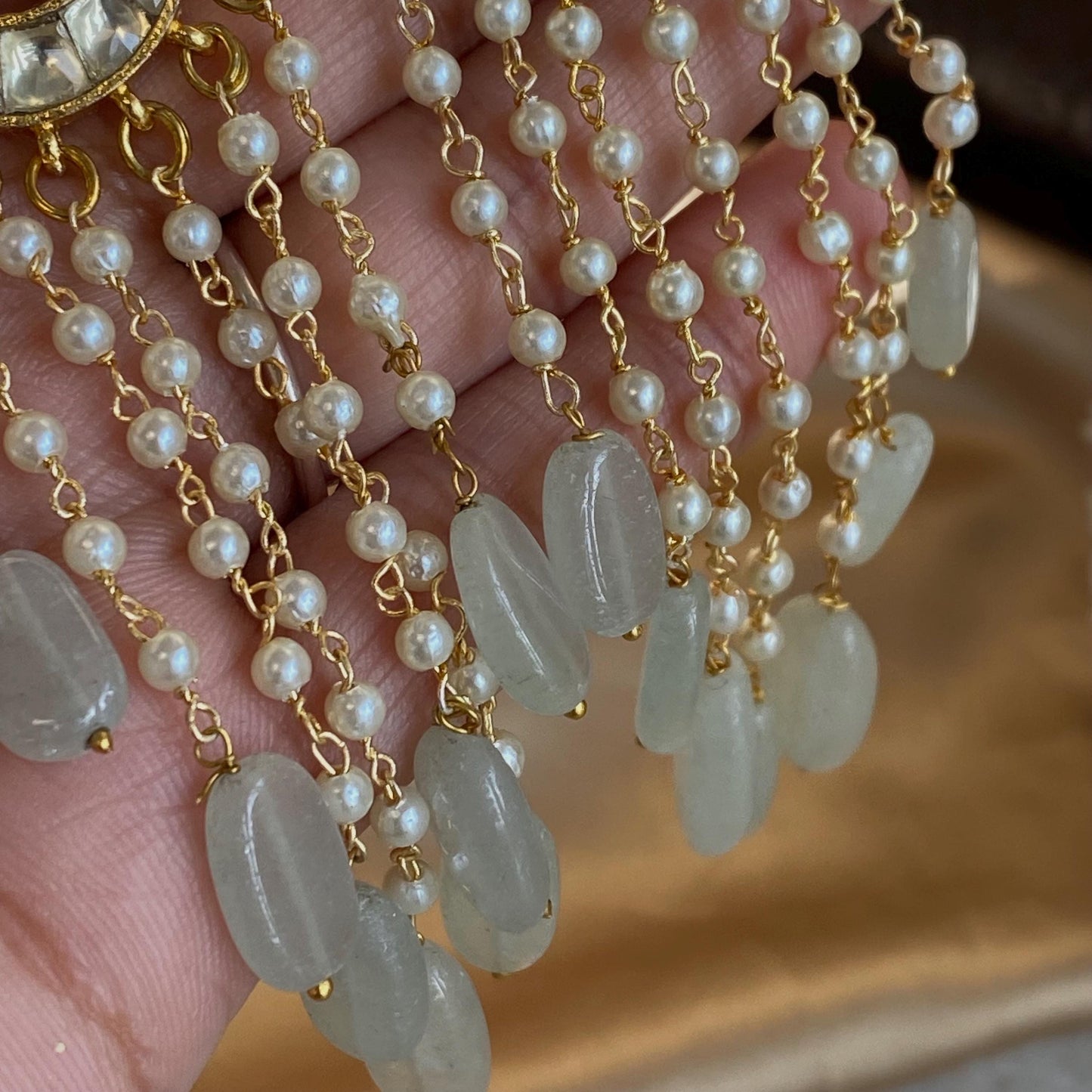 Handcrafted Gold Clear and Jade Green Indian Kundan Earrings - Traditional Bridal Jewelry High Quality