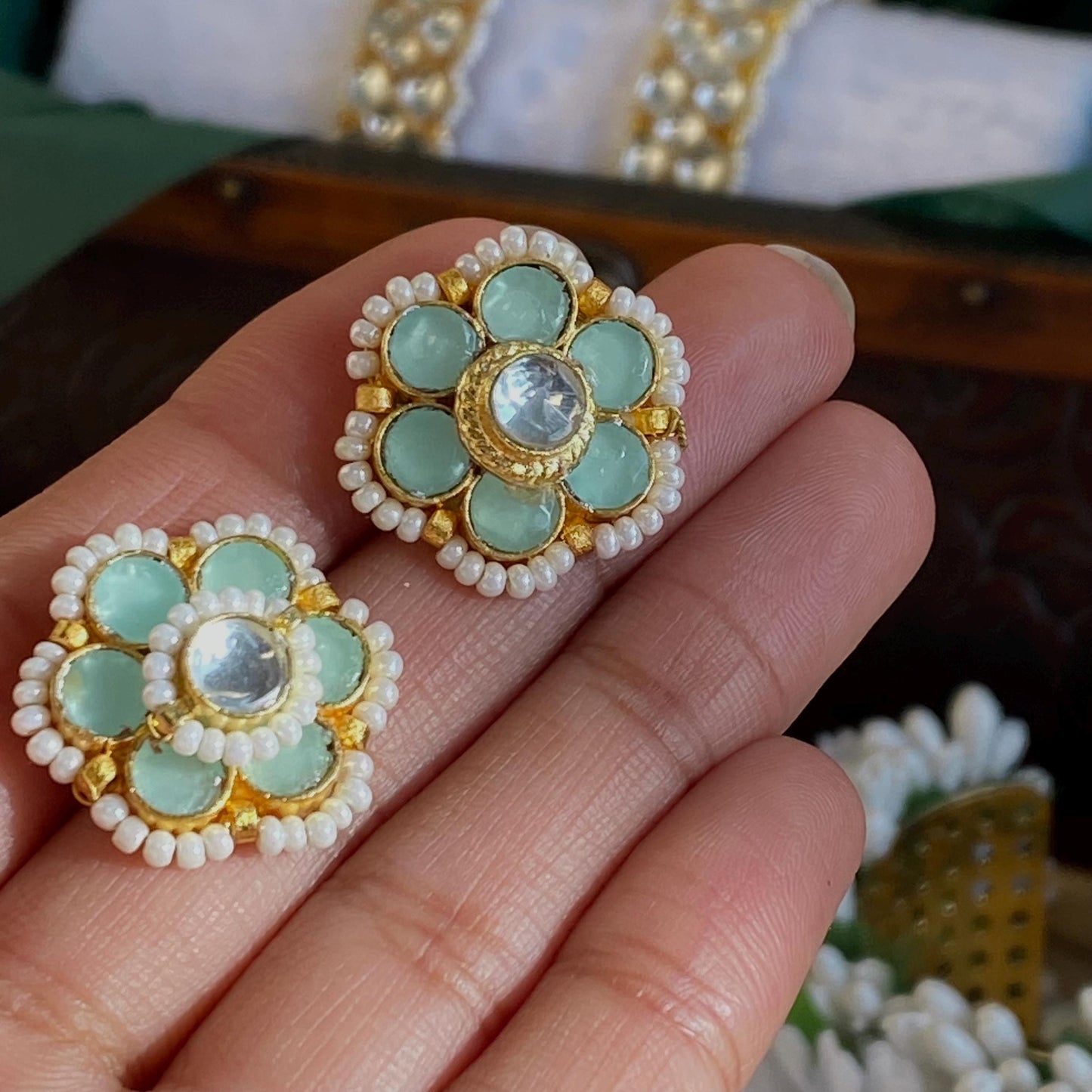 Kundan Mint Green & Small Pearl Stud Earrings - 0.5 Inch, Elegant Traditional Jewelry Indian Pakistani High Quality Cute Gift