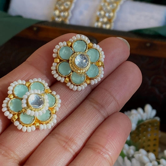 Kundan Mint Green & Small Pearl Stud Earrings - 0.5 Inch, Elegant Traditional Jewelry Indian Pakistani High Quality Cute Gift