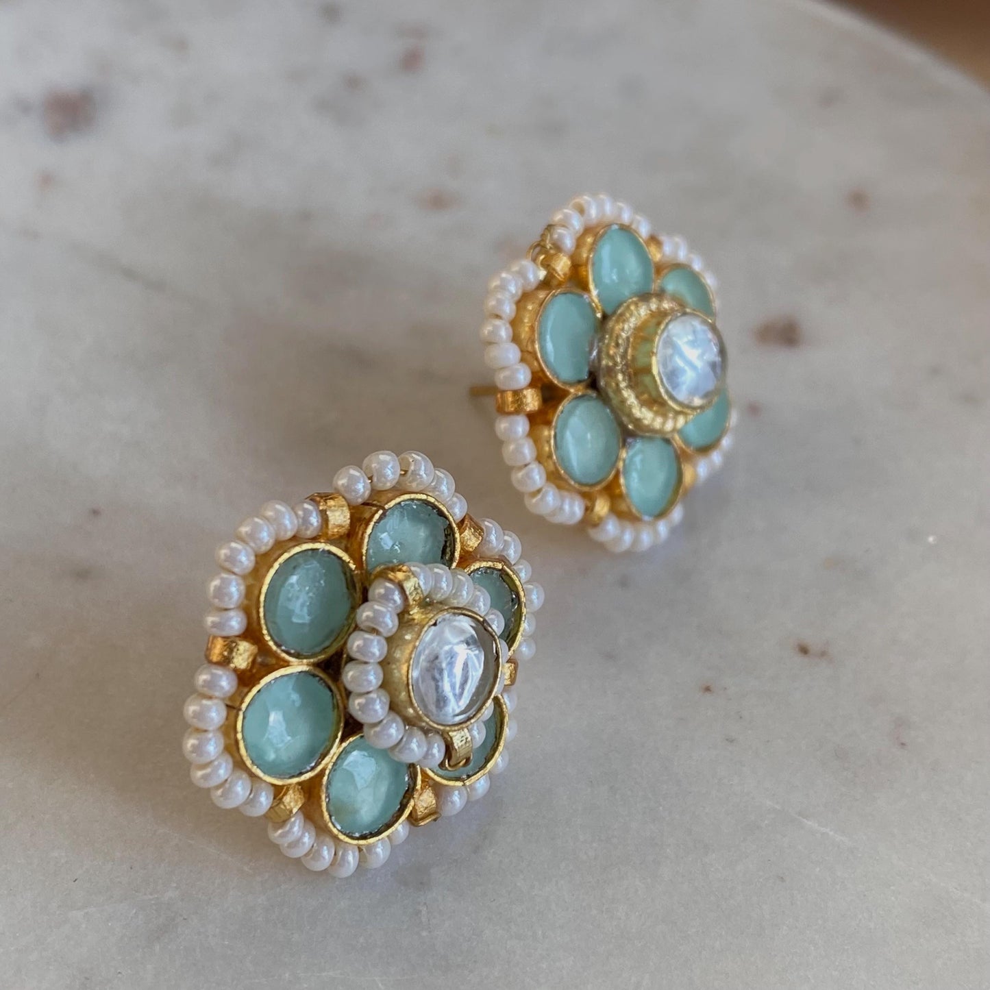 Kundan Mint Green & Small Pearl Stud Earrings - 0.5 Inch, Elegant Traditional Jewelry Indian Pakistani High Quality Cute Gift