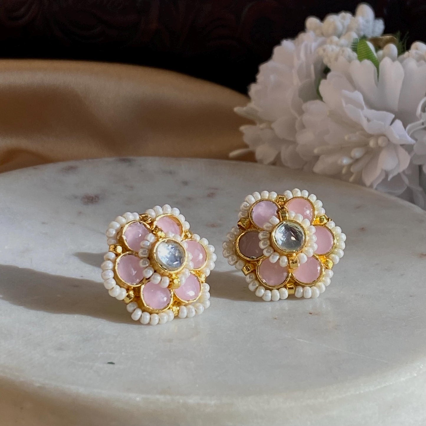 Kundan Pastel Pink & Small Pearl Stud Earrings - 0.5 Inch, Elegant Traditional Jewelry Indian Pakistani High Quality Cute Gift