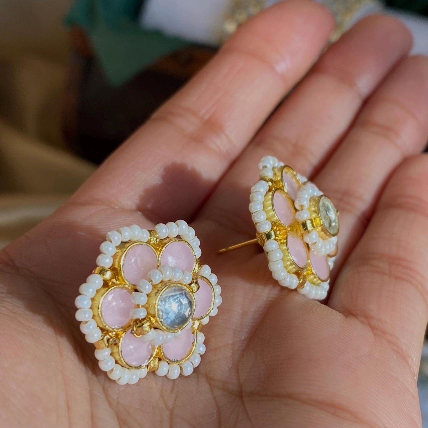 Kundan Pastel Pink & Small Pearl Stud Earrings - 0.5 Inch, Elegant Traditional Jewelry Indian Pakistani High Quality Cute Gift