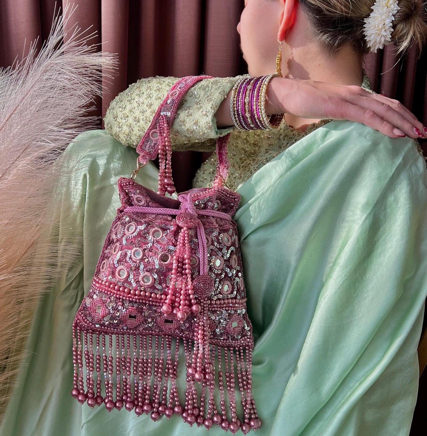 Mauve Mirror Beaded Tasseled Potli Bags/Indian Handmade Traditional Phulkari Potli Bags/Modern Ethnic Mirror Work Potli Bags/White Bags