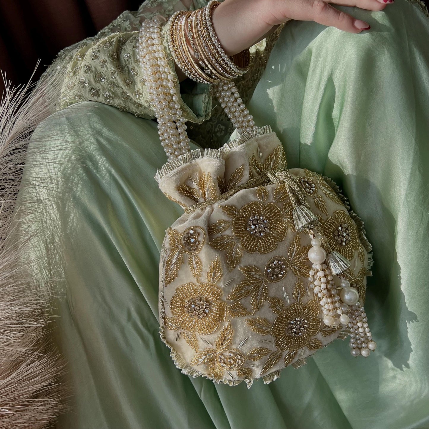 Cream Golden Floral Design Beaded Velvet Potli Bags/Indian Handmade Traditional Phulkari Potli Bags/Modern Ethnic Mirror Work Potli Bags