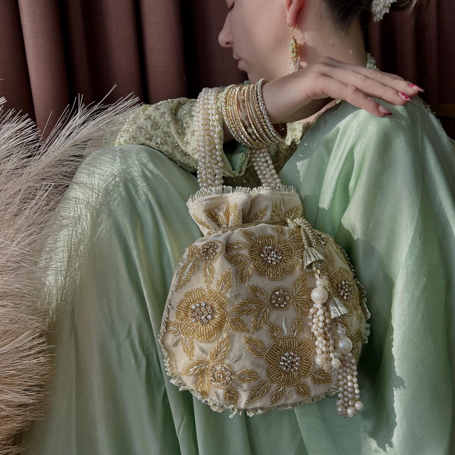 Cream Golden Floral Design Beaded Velvet Potli Bags/Indian Handmade Traditional Phulkari Potli Bags/Modern Ethnic Mirror Work Potli Bags