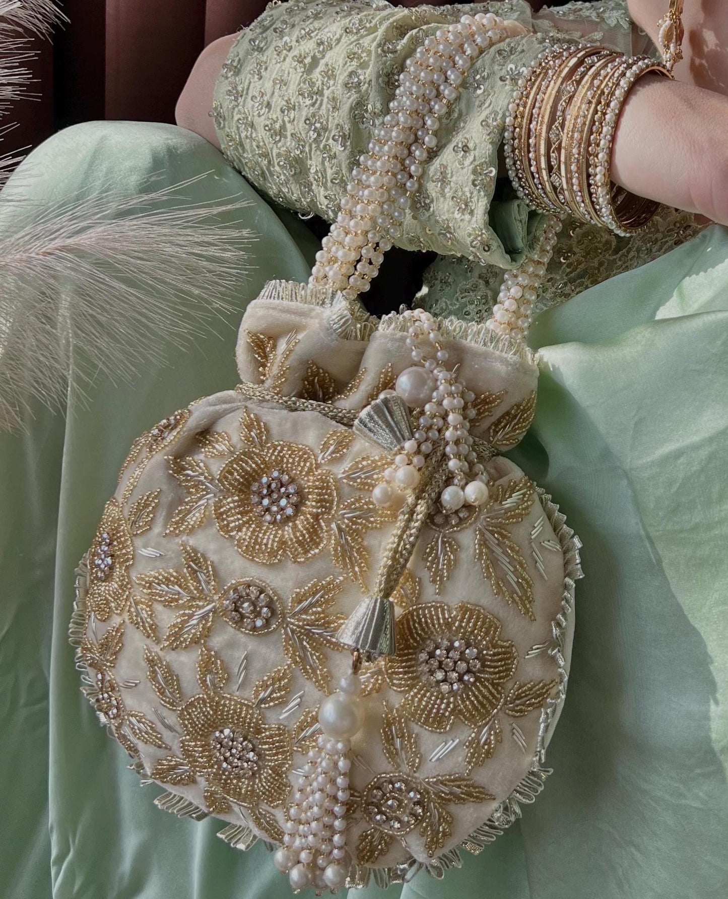 Cream Golden Floral Design Beaded Velvet Potli Bags/Indian Handmade Traditional Phulkari Potli Bags/Modern Ethnic Mirror Work Potli Bags