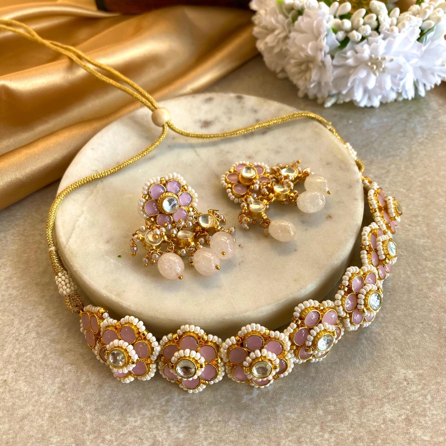 Pink Pearl Real Kundan Choker Small Stud Earring Set Indian Pakistani Bollywood Fashion Jewellery Gift High Quality Unique Style Traditional