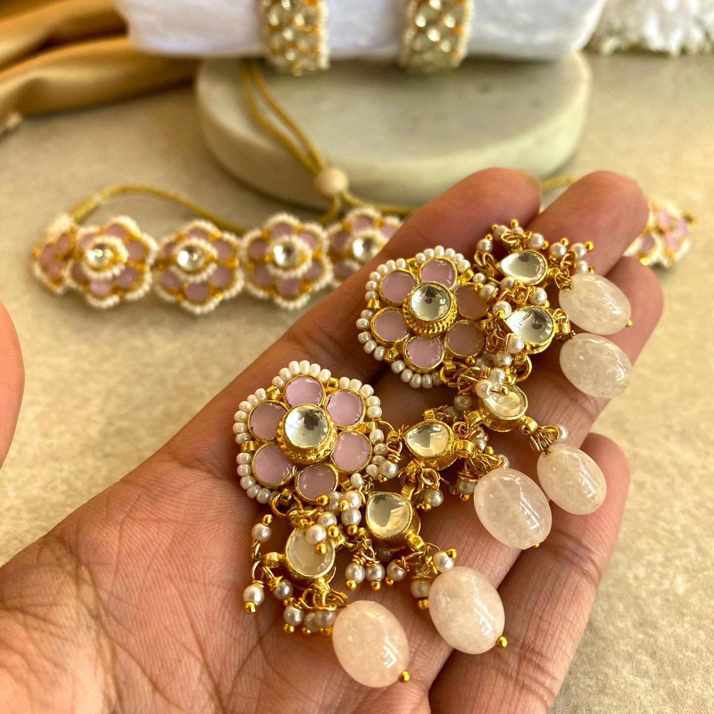 Pink Pearl Real Kundan Choker Small Stud Earring Set Indian Pakistani Bollywood Fashion Jewellery Gift High Quality Unique Style Traditional