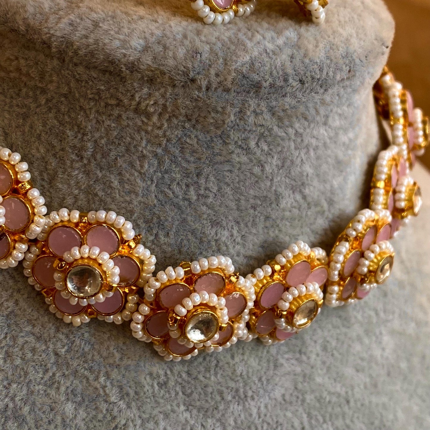 Pink Pearl Real Kundan Choker Small Stud Earring Set Indian Pakistani Bollywood Fashion Jewellery Gift High Quality Unique Style Traditional