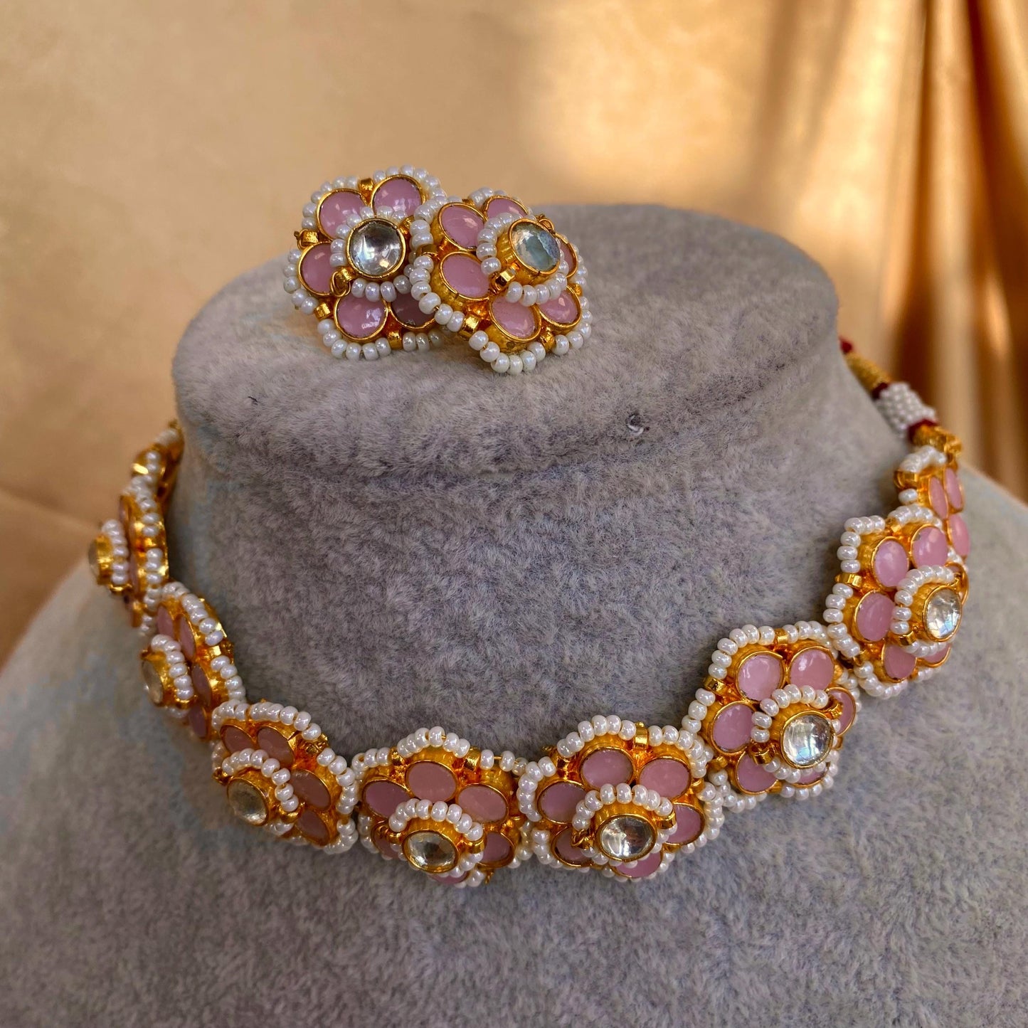 Pink Pearl Real Kundan Choker Small Stud Earring Set Indian Pakistani Bollywood Fashion Jewellery Gift High Quality Unique Style Traditional