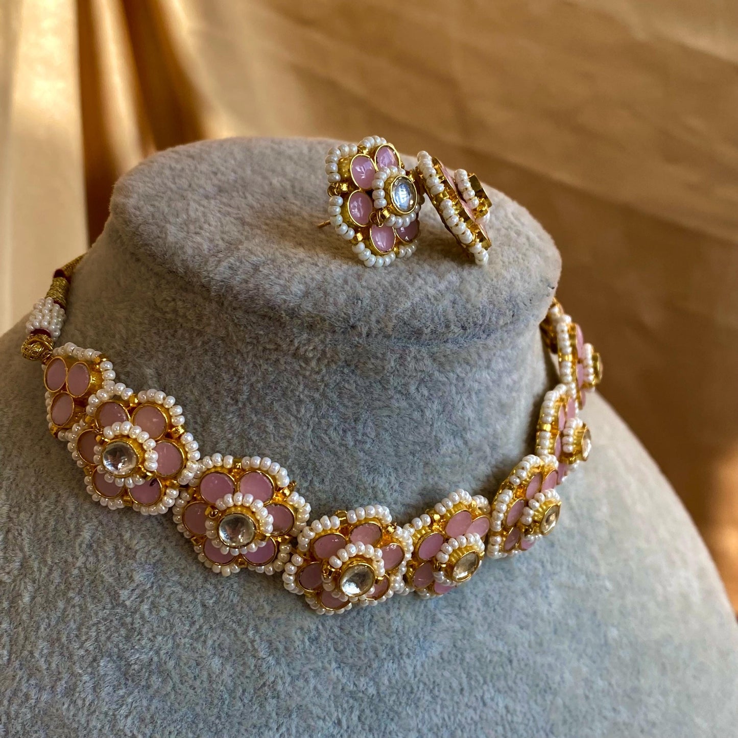 Pink Pearl Real Kundan Choker Small Stud Earring Set Indian Pakistani Bollywood Fashion Jewellery Gift High Quality Unique Style Traditional