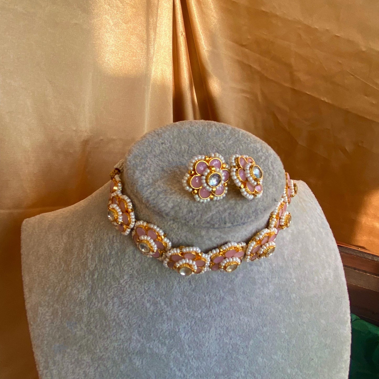 Pink Pearl Real Kundan Choker Small Stud Earring Set Indian Pakistani Bollywood Fashion Jewellery Gift High Quality Unique Style Traditional