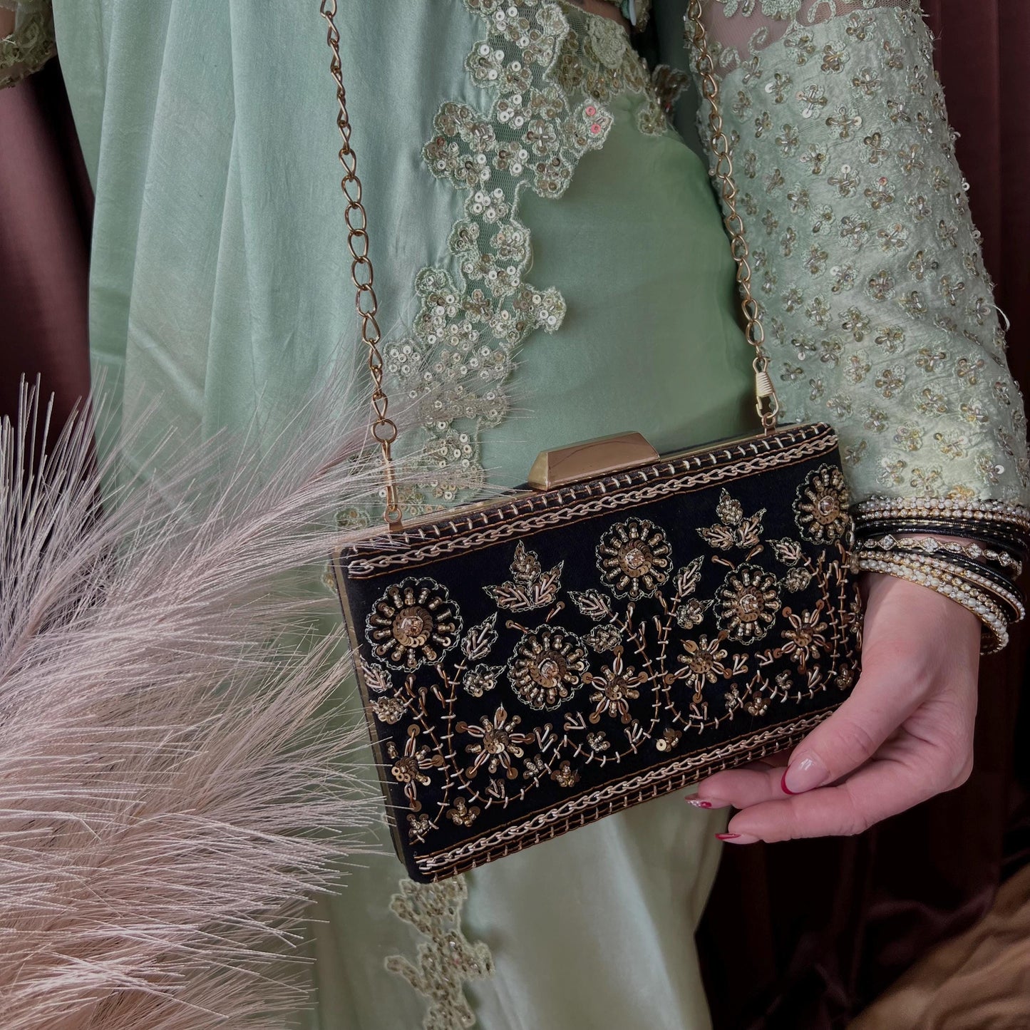 Black Antique Gold Embellished Handcrafted Clutch Bag/Embroidered Clutch Bag/Gifts/Black Hand Bags/Evening Clutch Bag/Purse