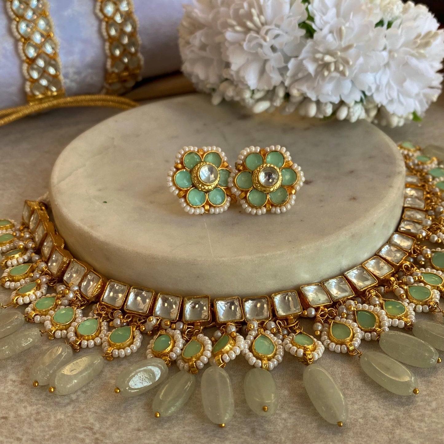 Mint Jade Real Kundan Choker Small Stud Earring Set Indian Pakistani Bollywood Fashion Jewellery Gift High Quality Unique Style Traditional