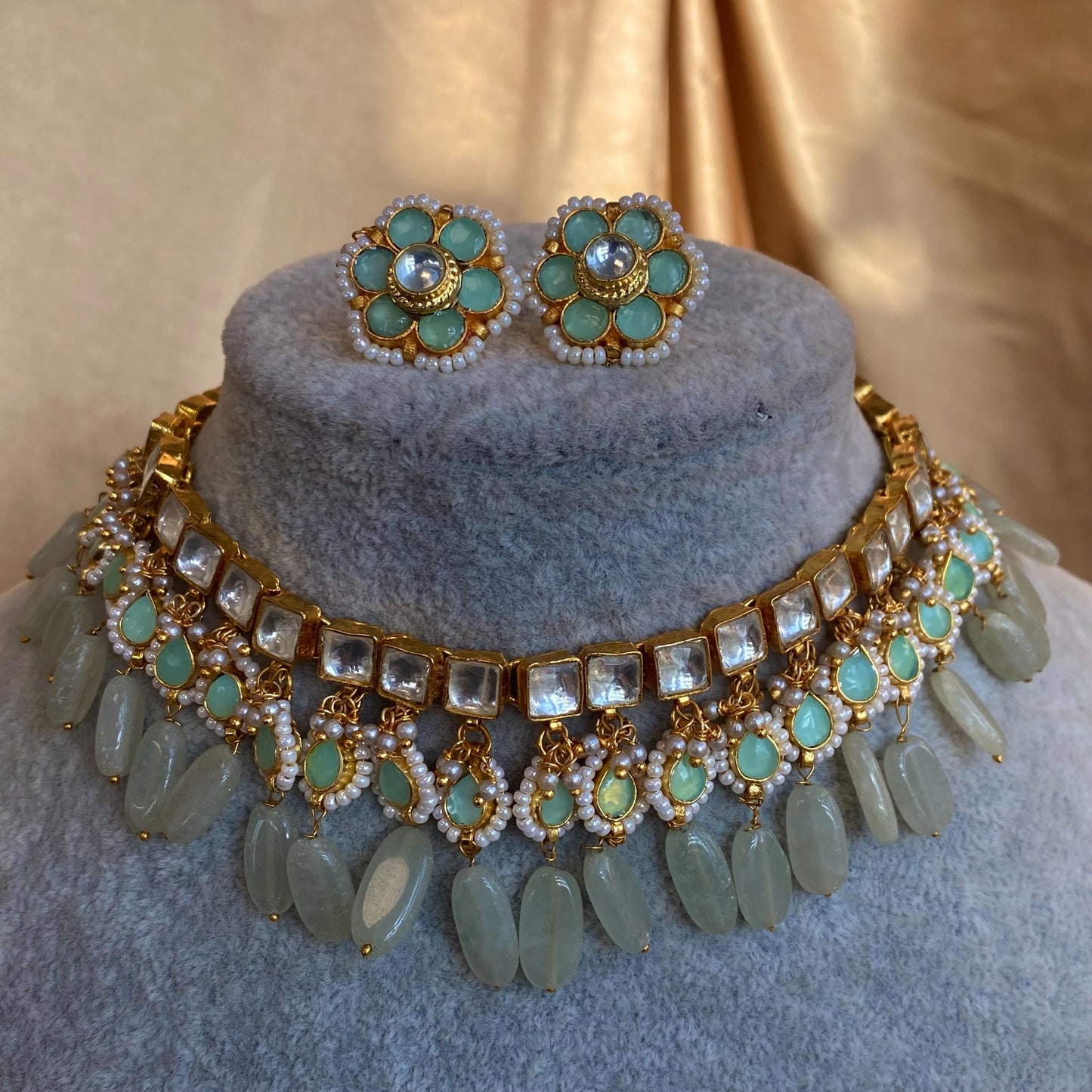 Mint Jade Real Kundan Choker Small Stud Earring Set Indian Pakistani Bollywood Fashion Jewellery Gift High Quality Unique Style Traditional