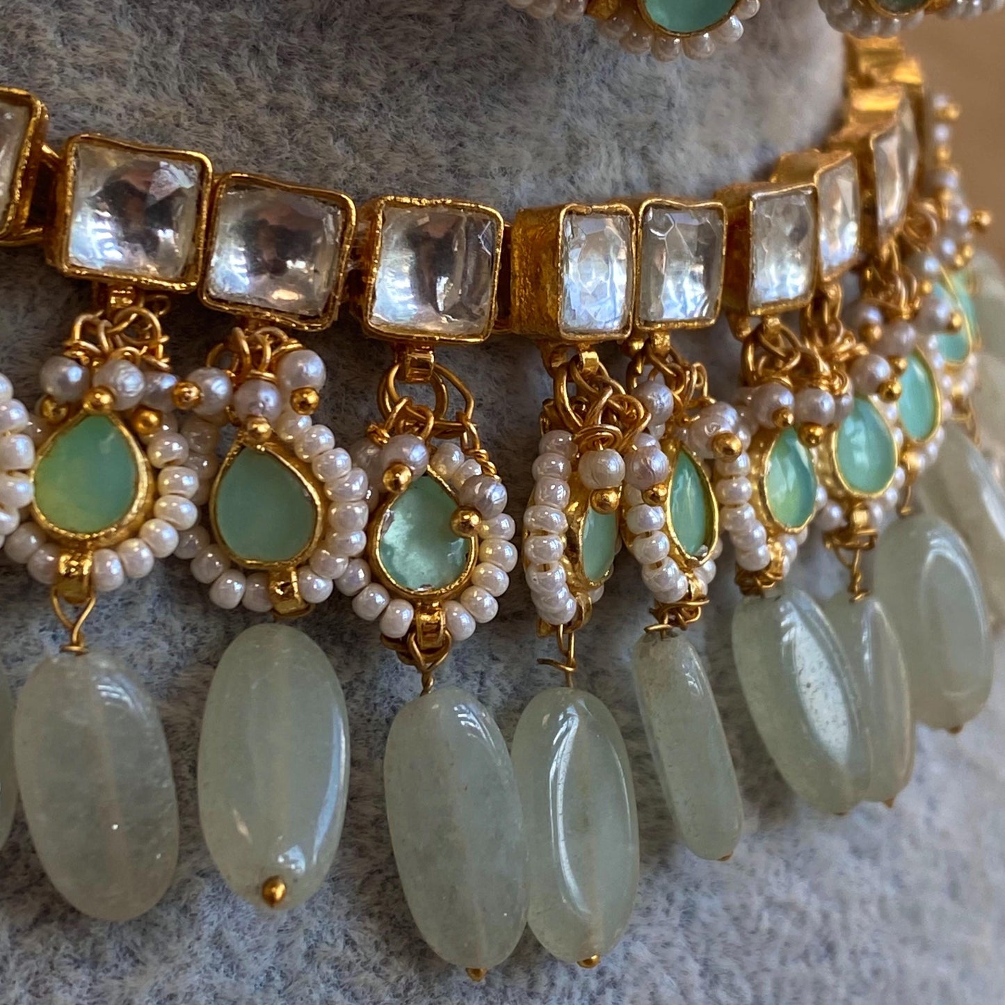 Mint Jade Real Kundan Choker Small Stud Earring Set Indian Pakistani Bollywood Fashion Jewellery Gift High Quality Unique Style Traditional