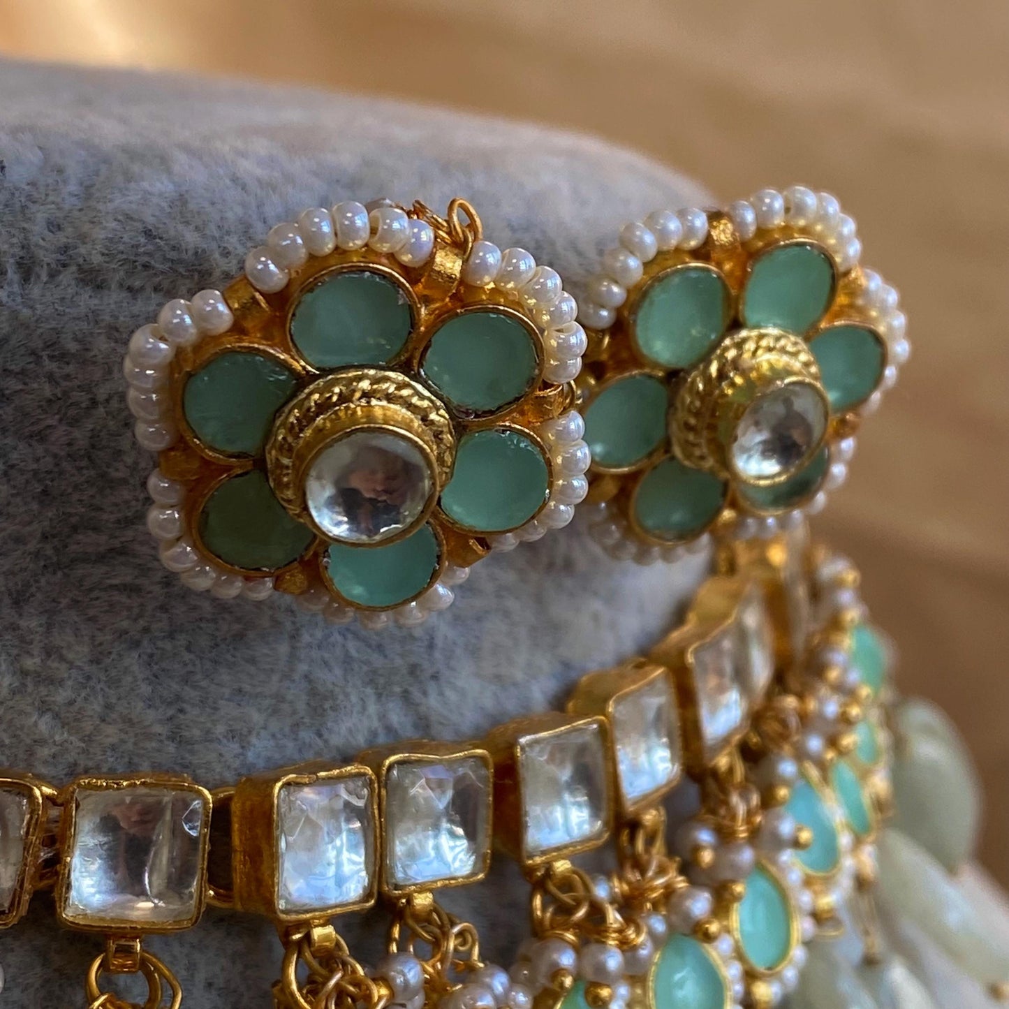 Mint Jade Real Kundan Choker Small Stud Earring Set Indian Pakistani Bollywood Fashion Jewellery Gift High Quality Unique Style Traditional