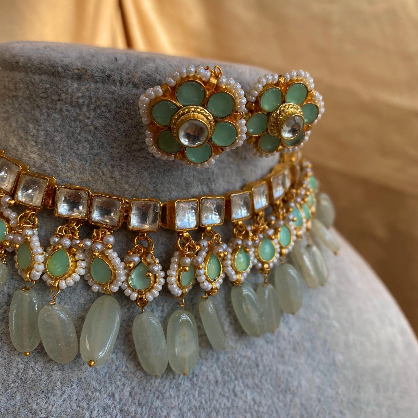 Mint Jade Real Kundan Choker Small Stud Earring Set Indian Pakistani Bollywood Fashion Jewellery Gift High Quality Unique Style Traditional