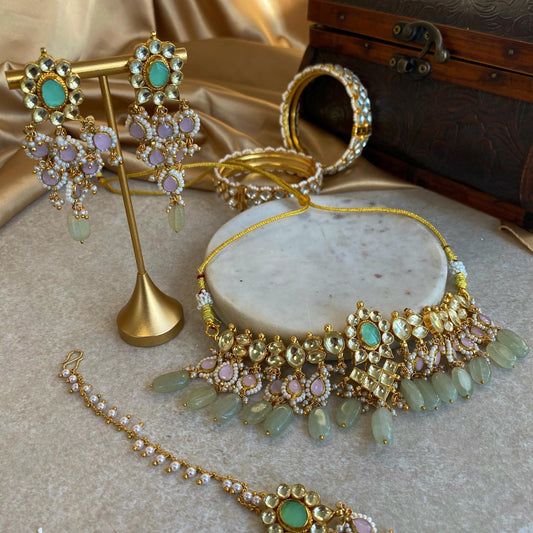 Pink Mint Jade Real Kundan Choker Earring Tikka Set Indian Pakistani Bollywood Fashion Jewellery Gift High Quality Unique Style Traditional