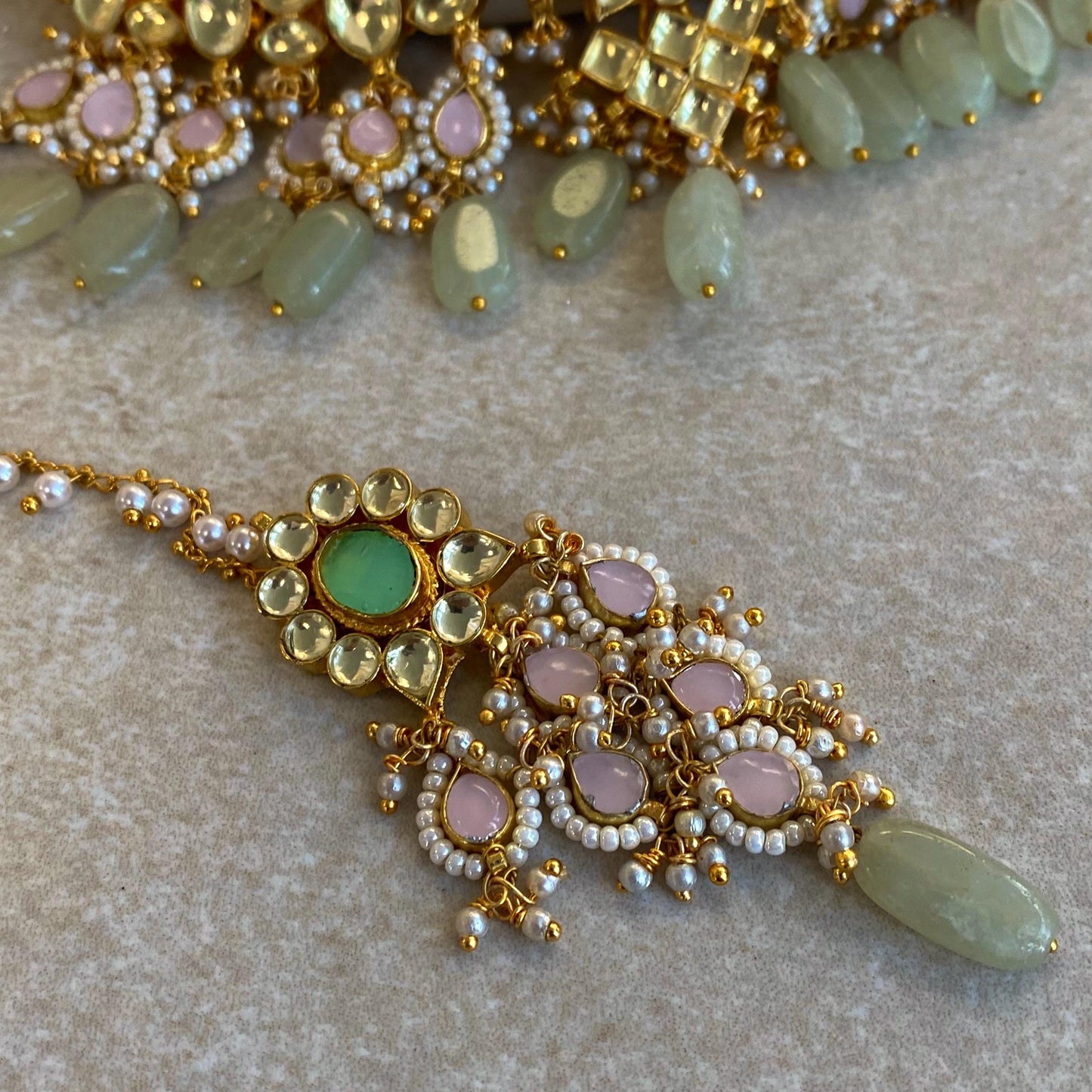 Pink Mint Jade Real Kundan Choker Earring Tikka Set Indian Pakistani Bollywood Fashion Jewellery Gift High Quality Unique Style Traditional