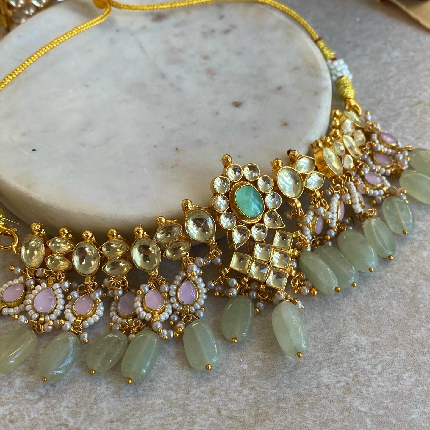 Pink Mint Jade Real Kundan Choker Earring Tikka Set Indian Pakistani Bollywood Fashion Jewellery Gift High Quality Unique Style Traditional