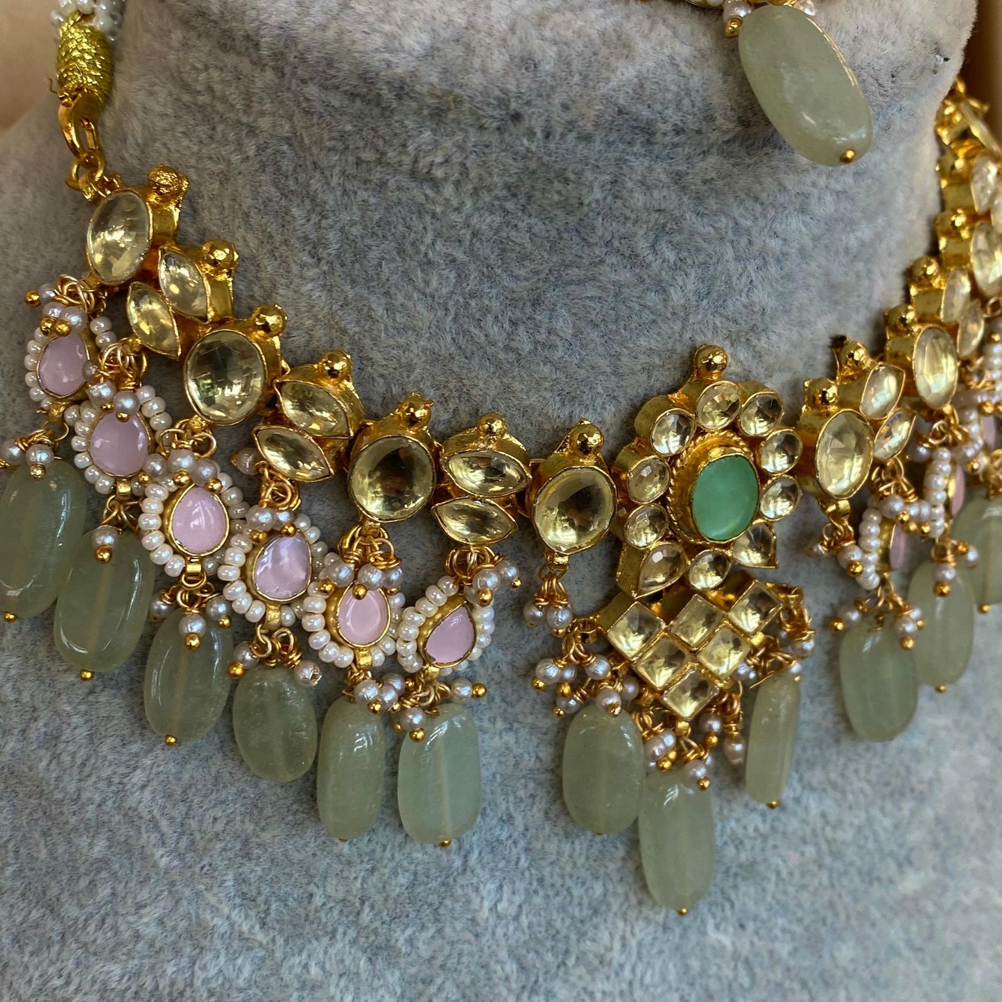 Pink Mint Jade Real Kundan Choker Earring Tikka Set Indian Pakistani Bollywood Fashion Jewellery Gift High Quality Unique Style Traditional