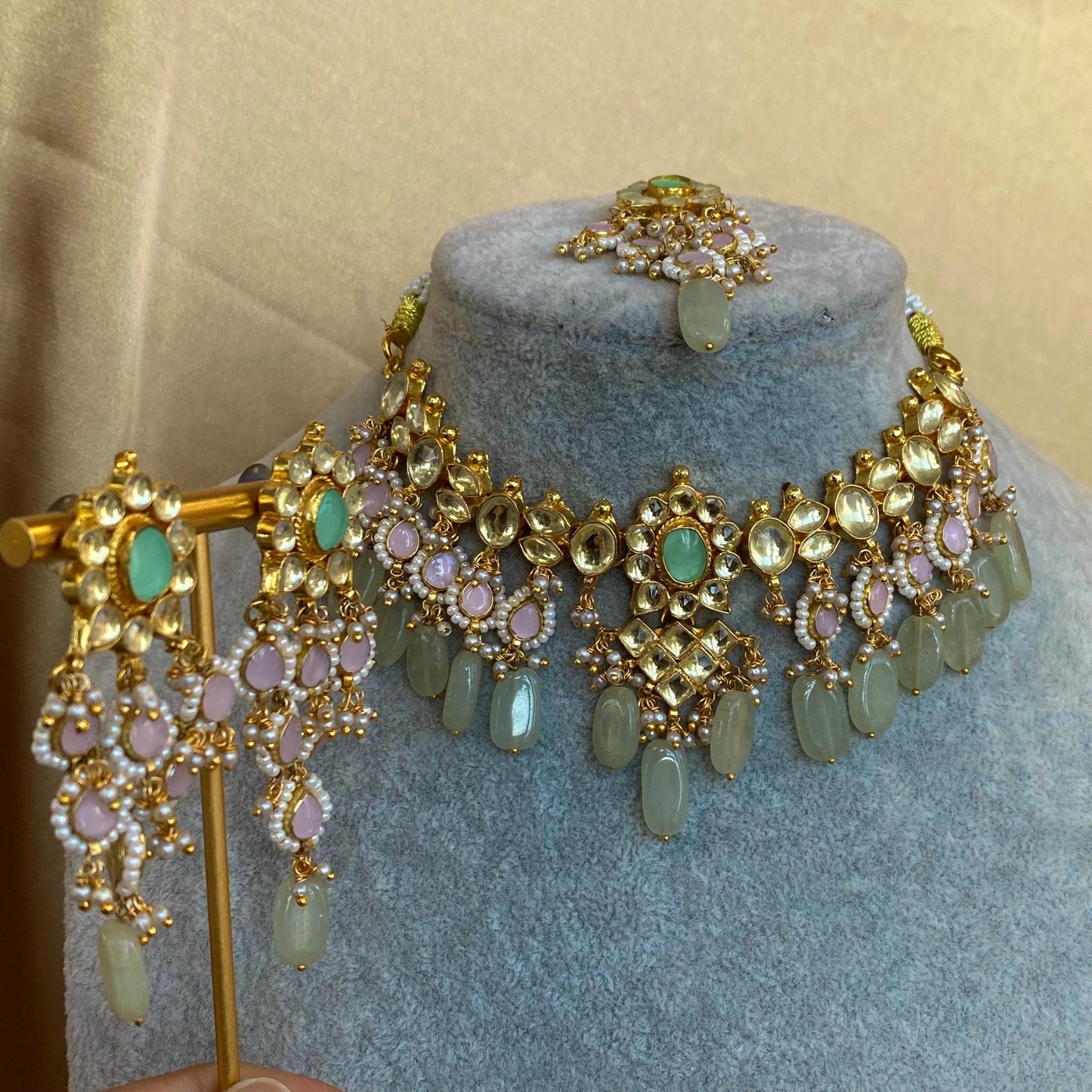 Pink Mint Jade Real Kundan Choker Earring Tikka Set Indian Pakistani Bollywood Fashion Jewellery Gift High Quality Unique Style Traditional