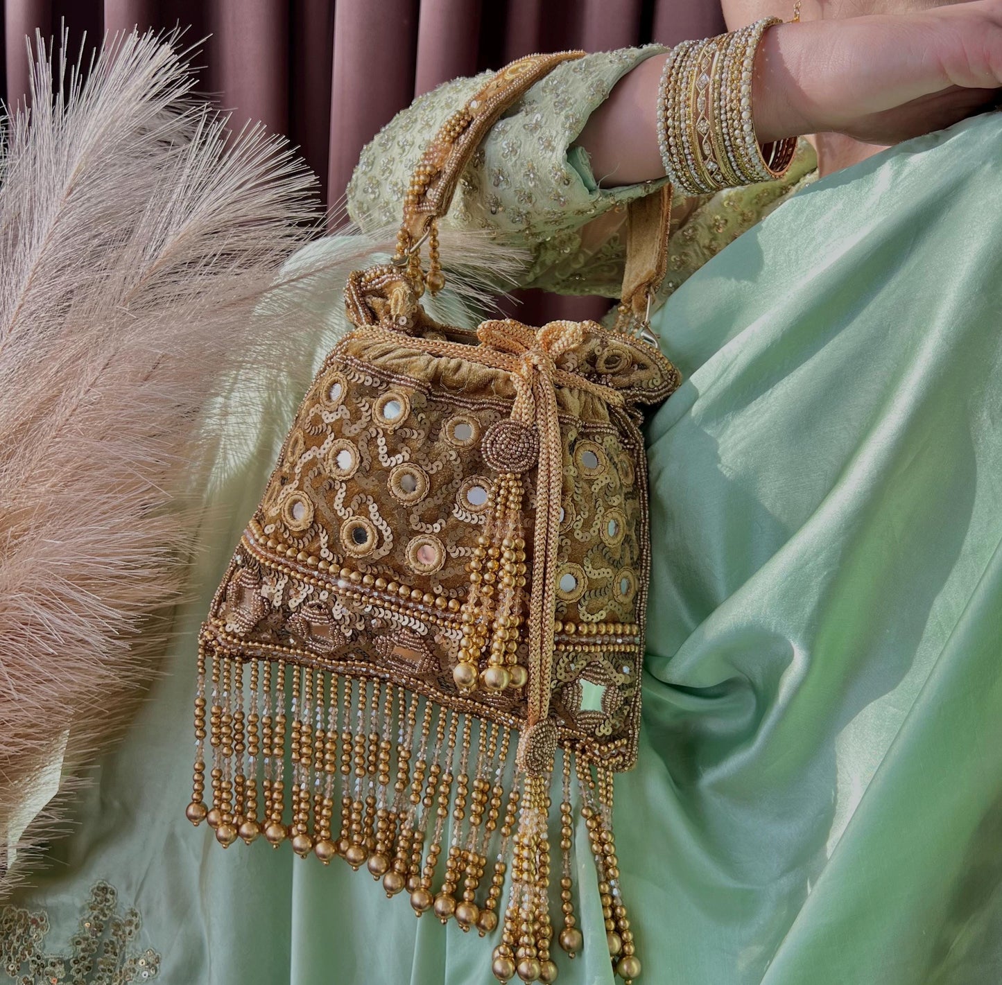 Gold Mirror Beaded Tassel Bag Potli Bags/Indian Handmade Traditional Phulkari Potli Bags/Modern Ethnic Mirror Work Potli Bags