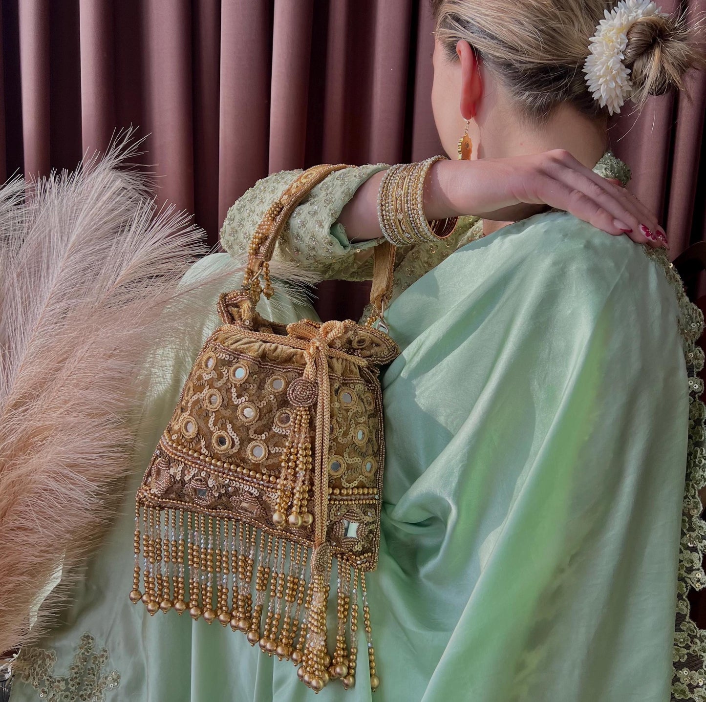 Gold Mirror Beaded Tassel Bag Potli Bags/Indian Handmade Traditional Phulkari Potli Bags/Modern Ethnic Mirror Work Potli Bags