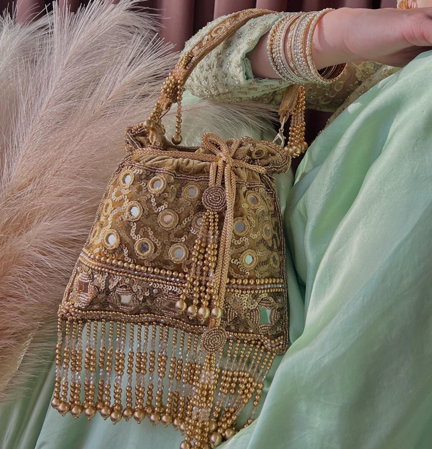 Gold Mirror Beaded Tassel Bag Potli Bags/Indian Handmade Traditional Phulkari Potli Bags/Modern Ethnic Mirror Work Potli Bags