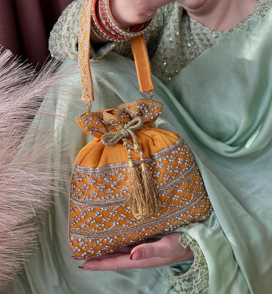 Yellow Silk Stonework Clear Potli Bags/Indian Handmade Traditional Phulkari Potli Bags/Modern Ethnic Mirror Work Potli Bags