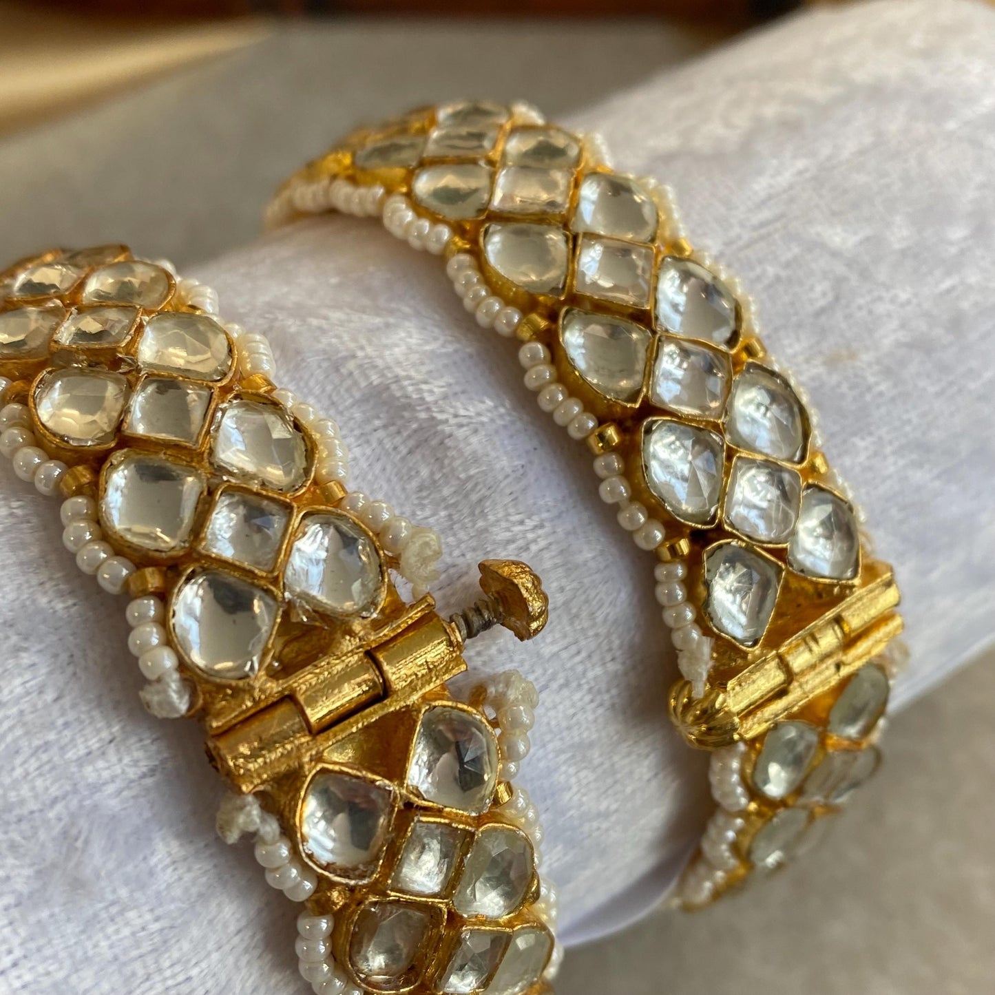 Pair of Clear Kundan Kada Bangles  Bollywood-Inspired, High-Quality Traditional Indian & Pakistani Jewelry, Openable, 2.4 X Small