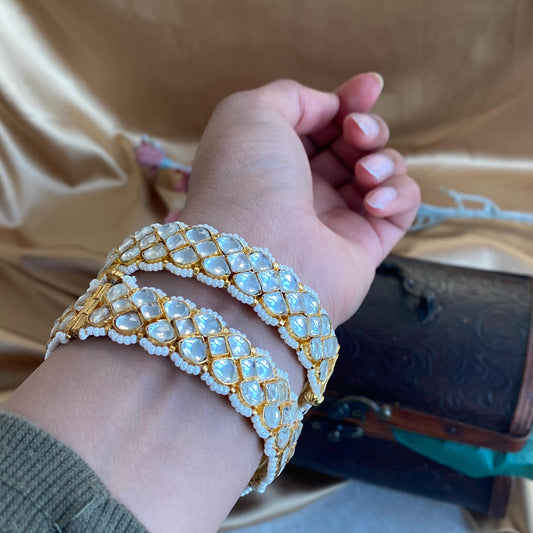 Pair of Clear Kundan Kada Bangles  Bollywood-Inspired, High-Quality Traditional Indian & Pakistani Jewelry, Openable, 2.4 X Small