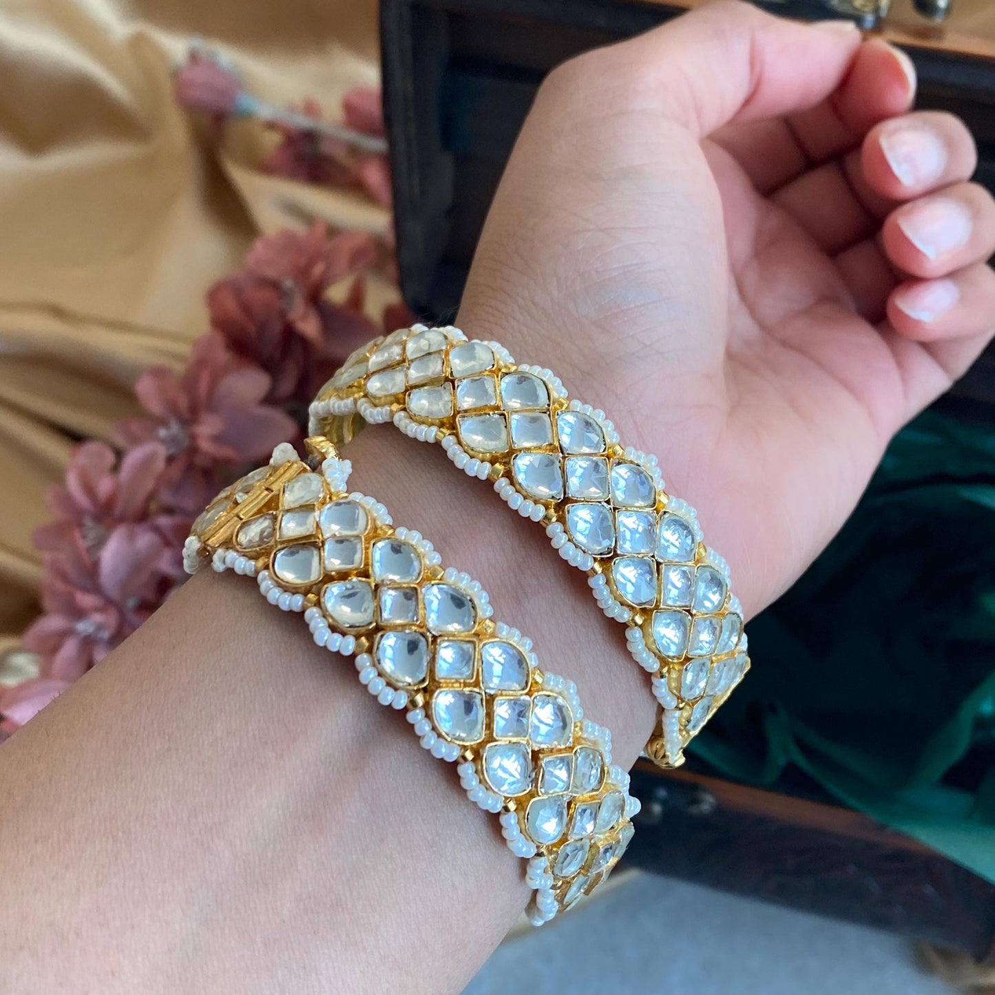 Pair of Clear Kundan Kada Bangles  Bollywood-Inspired, High-Quality Traditional Indian & Pakistani Jewelry, Openable, 2.4 X Small