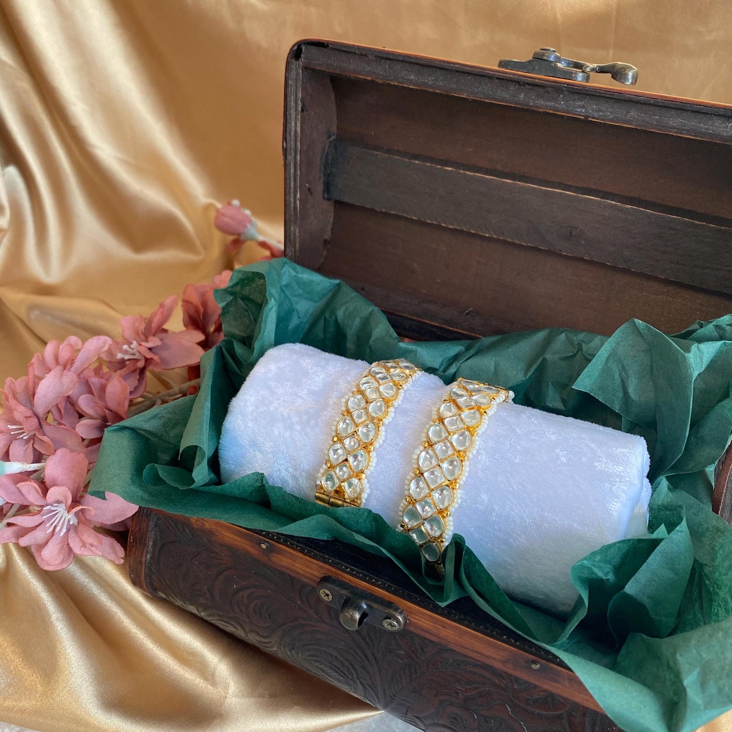 Pair of Clear Kundan Kada Bangles  Bollywood-Inspired, High-Quality Traditional Indian & Pakistani Jewelry, Openable, 2.4 X Small