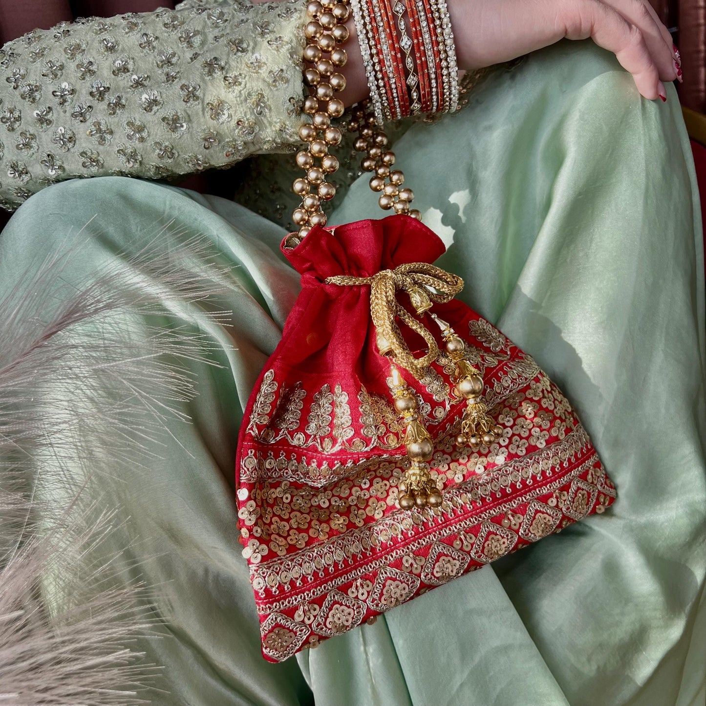 Sequin Detail Red Potli Bag/Indian Handmade Traditional Phulkari Potli Bags/Modern Ethnic Mirror Work Potli Bags/Red Bags