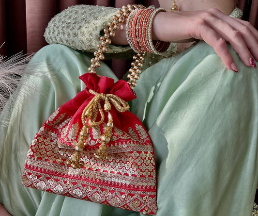 Sequin Detail Red Potli Bag/Indian Handmade Traditional Phulkari Potli Bags/Modern Ethnic Mirror Work Potli Bags/Red Bags
