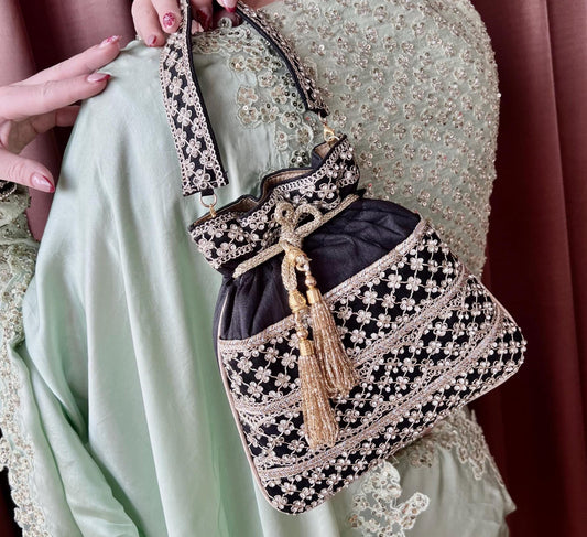 Sequin Detail Black Potli Bag/Indian Handmade Traditional Phulkari Potli Bags/Modern Ethnic Mirror Work Potli Bags/Red Bags