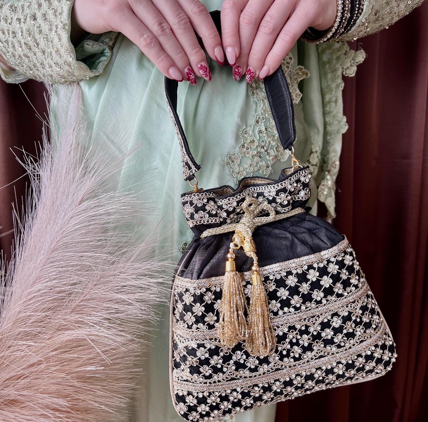 Sequin Detail Black Potli Bag/Indian Handmade Traditional Phulkari Potli Bags/Modern Ethnic Mirror Work Potli Bags/Red Bags