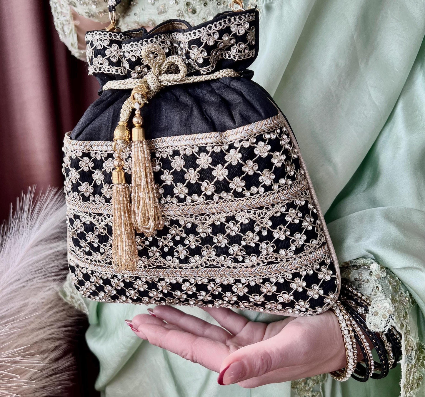 Sequin Detail Black Potli Bag/Indian Handmade Traditional Phulkari Potli Bags/Modern Ethnic Mirror Work Potli Bags/Red Bags