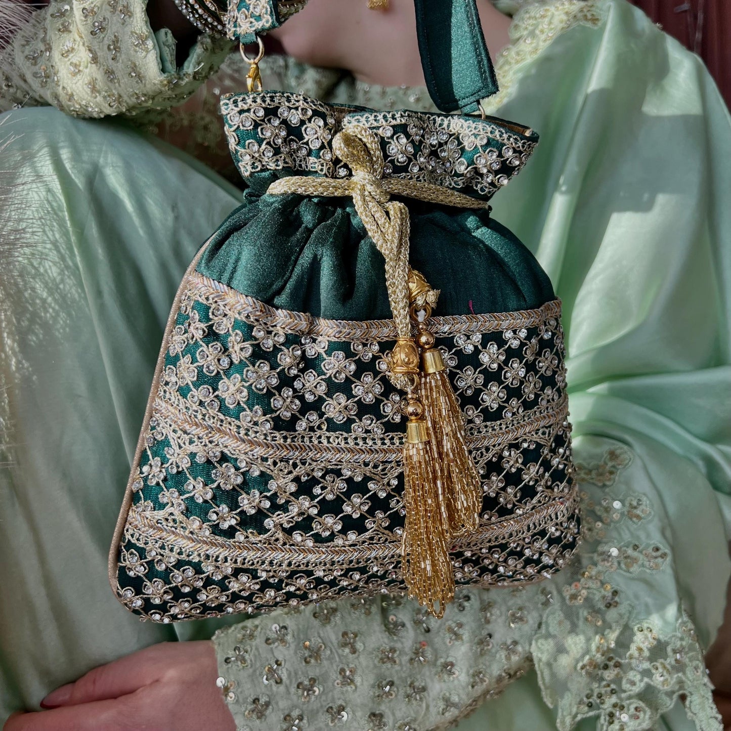 Sequin Detail Green Potli Bag/Indian Handmade Traditional Phulkari Potli Bags/Modern Ethnic Mirror Work Potli Bags/Red Bags