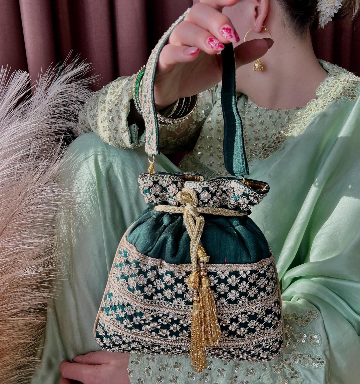 Sequin Detail Green Potli Bag/Indian Handmade Traditional Phulkari Potli Bags/Modern Ethnic Mirror Work Potli Bags/Red Bags