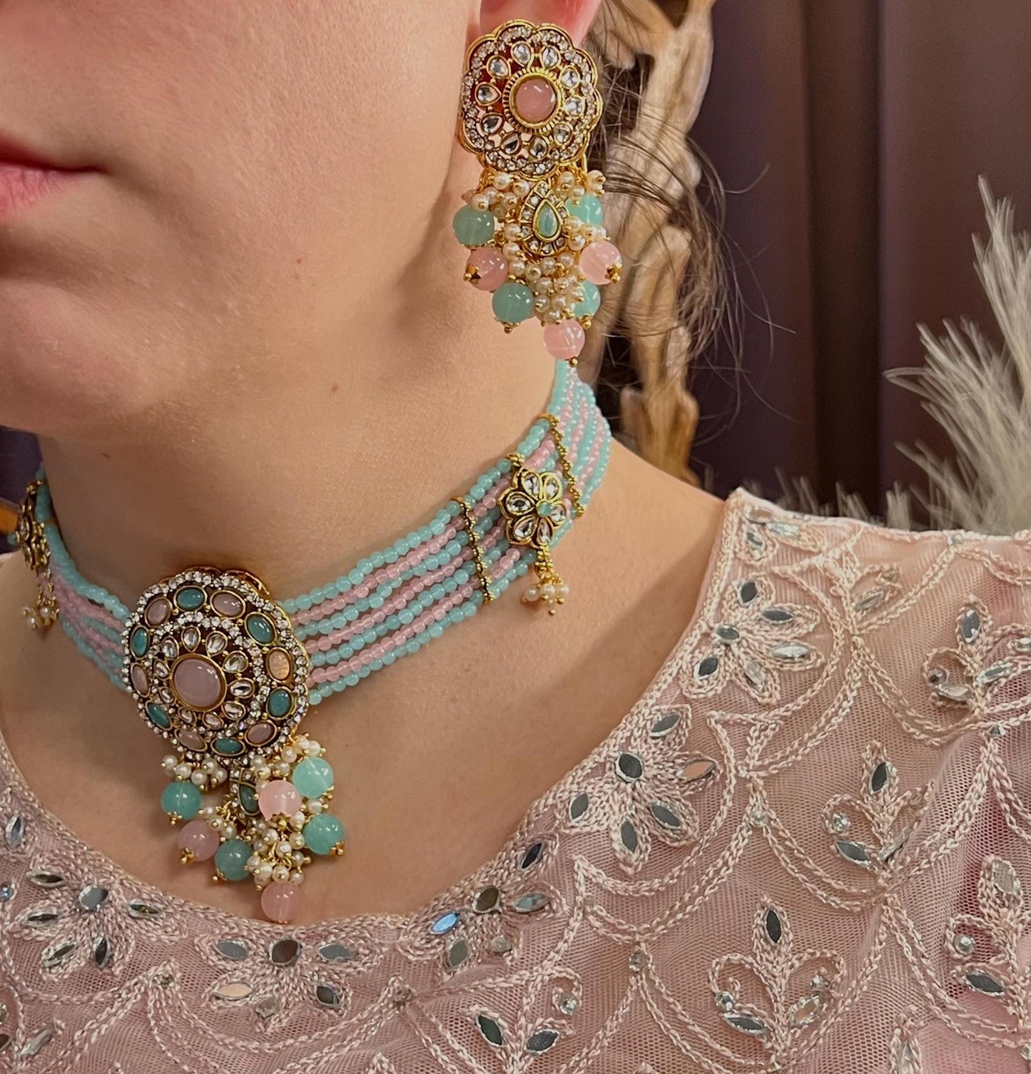 Faux Kundan Pastel Pearl Choker set Earring/ Tikka/ Tikli/ Indian/ Pakistani/Fashion Jewellery/ Gift for Women/